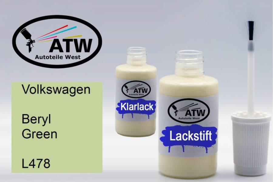 Volkswagen, Beryl Green, L478: 20ml Lackstift + 20ml Klarlack - Set, von ATW Autoteile West.